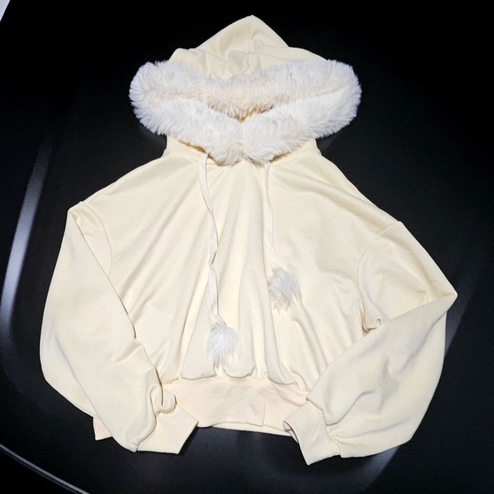 SHEIN MOD Plus Solid Fuzzy Trim Crop Drawstring Hoodie Kawaii Deadstock